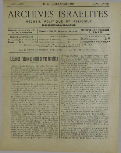 Archives israélites de France. Vol.79 N°45 (07 nov. 1918)